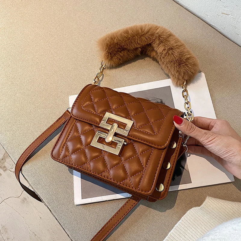 

с доставкой Faux Fur Shoulder Handle Small PU Leather Crossbody Bags Women 2020 Shoulder Handbags and Purses Women's Hand Bag